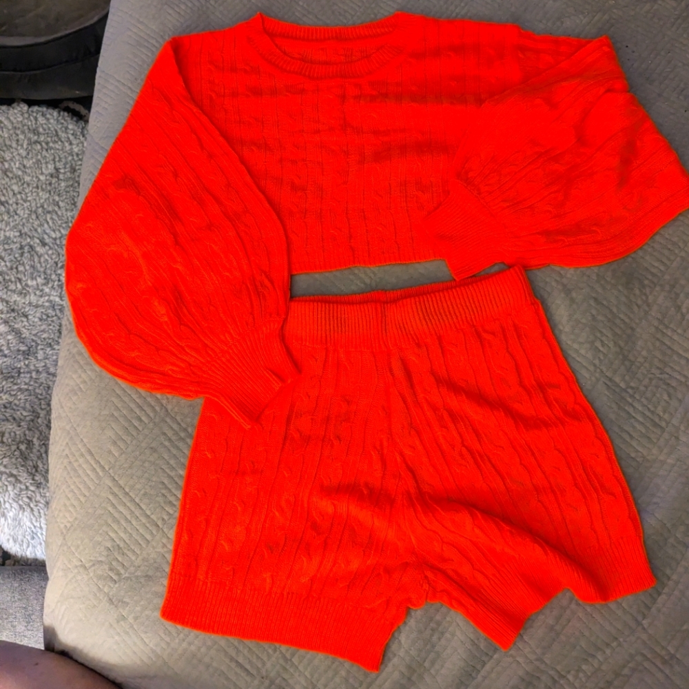 NWT Bright Neon Orange Cropped Sweater Shorts Set